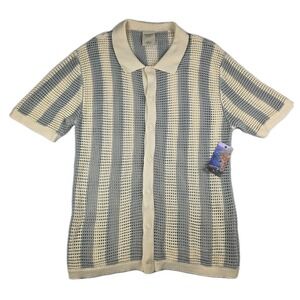 Massive Luxury Crochet Knit Polo Mens XL Gray Beige Taupe Stripe 7 Button NWT